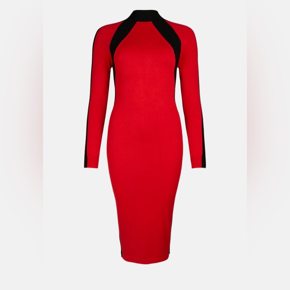 Karen Millen Red and Black Bodycon Dress Long Sleeve Mock Neck